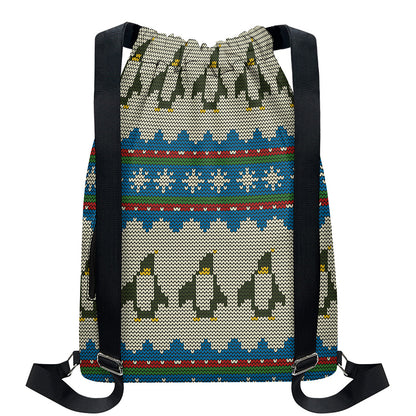 Xmas Penguin Pattern Print Drawstring Backpack
