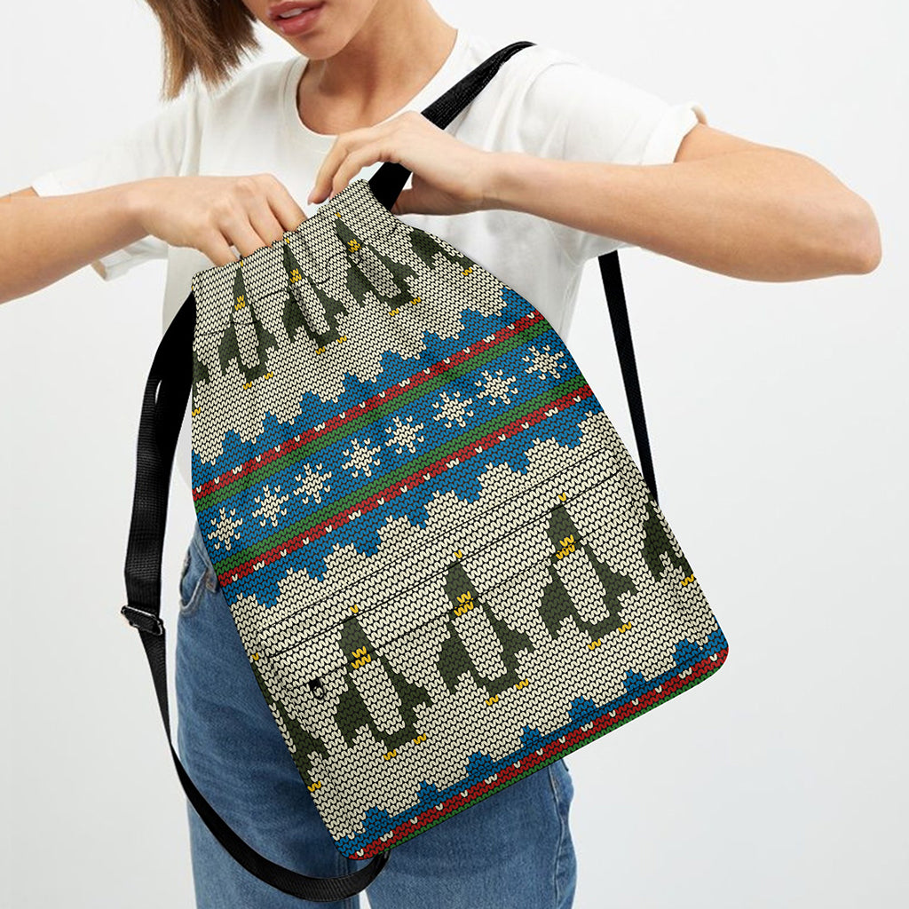 Xmas Penguin Pattern Print Drawstring Backpack