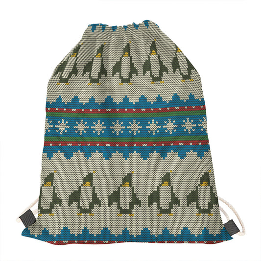 Xmas Penguin Pattern Print Drawstring Bag