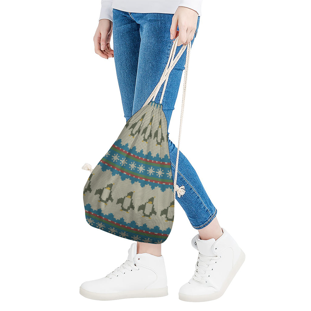 Xmas Penguin Pattern Print Drawstring Bag
