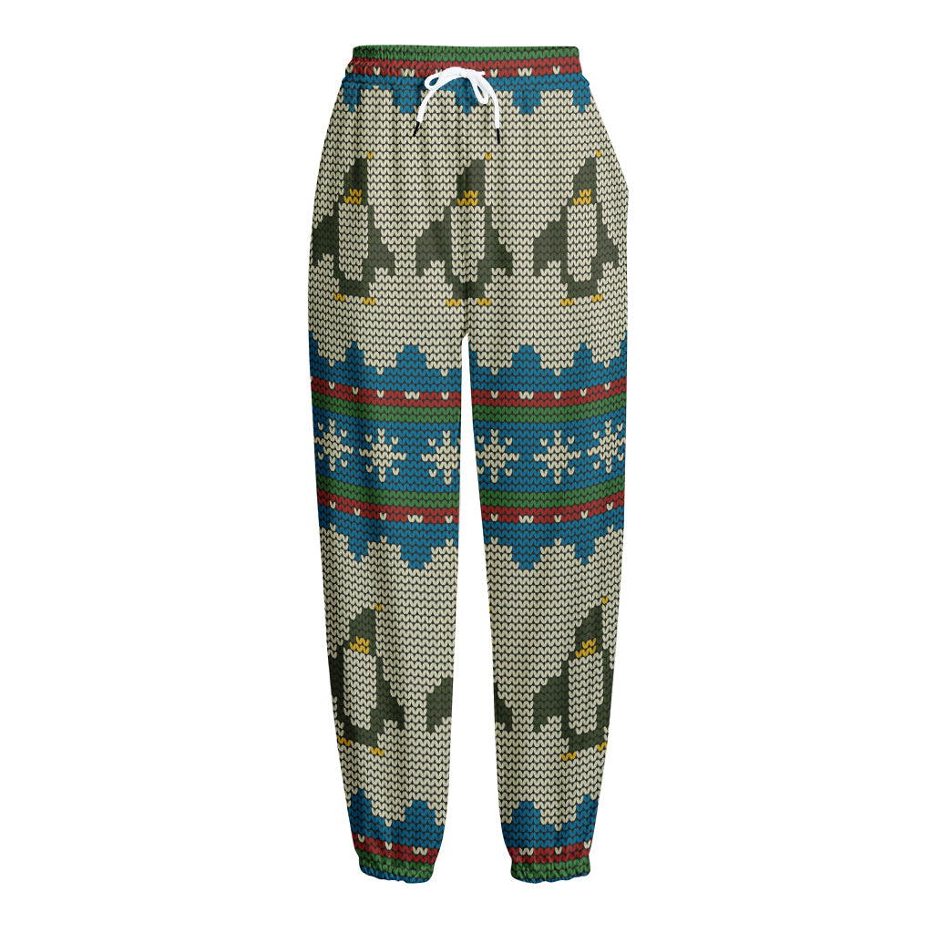 Xmas Penguin Pattern Print Fleece Lined Knit Pants