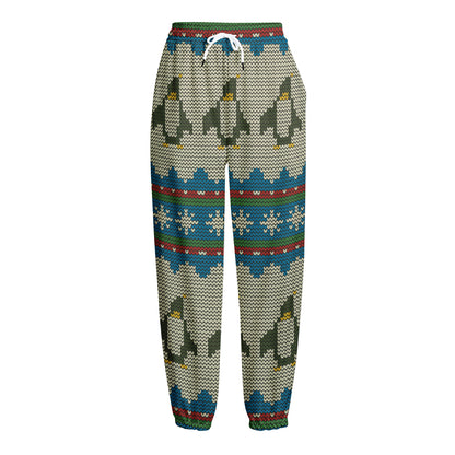 Xmas Penguin Pattern Print Fleece Lined Knit Pants