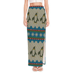 Xmas Penguin Pattern Print High Slit Maxi Skirt