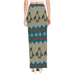 Xmas Penguin Pattern Print High Slit Maxi Skirt