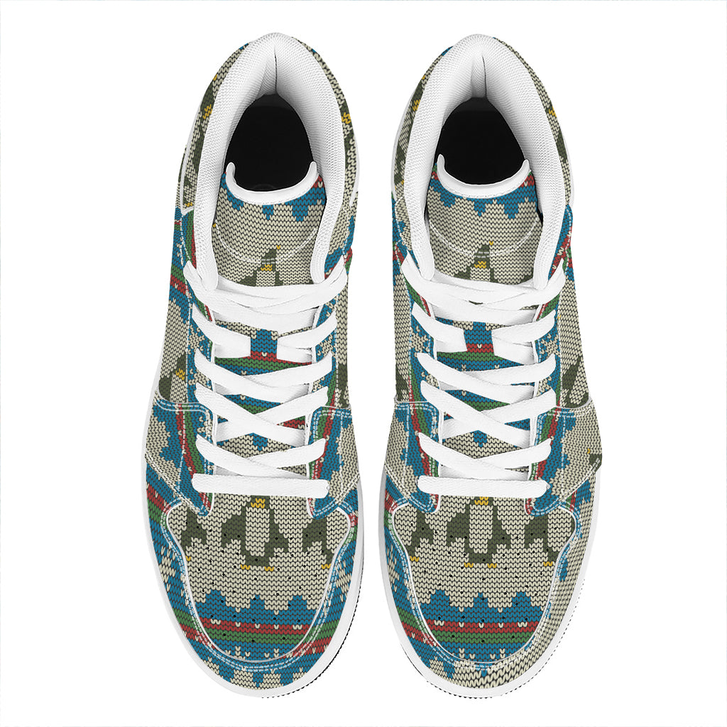Xmas Penguin Pattern Print High Top Leather Sneakers