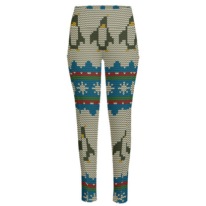 Xmas Penguin Pattern Print High-Waisted Pocket Leggings
