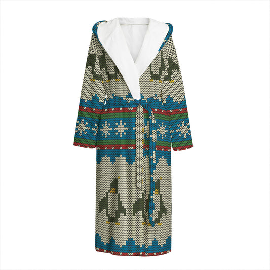 Xmas Penguin Pattern Print Hooded Bathrobe