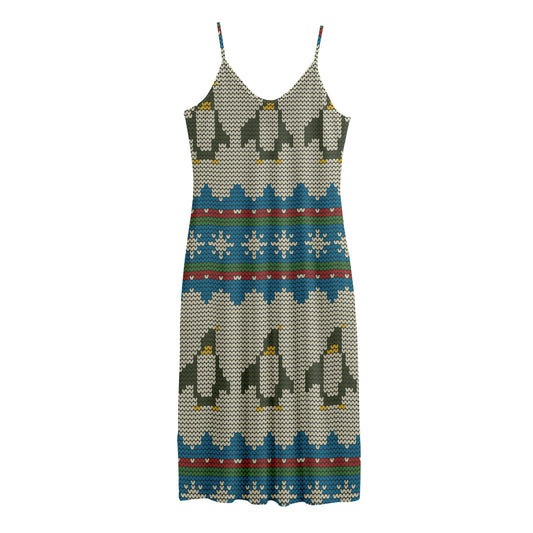 Xmas Penguin Pattern Print Jersey Midi Cami Dress