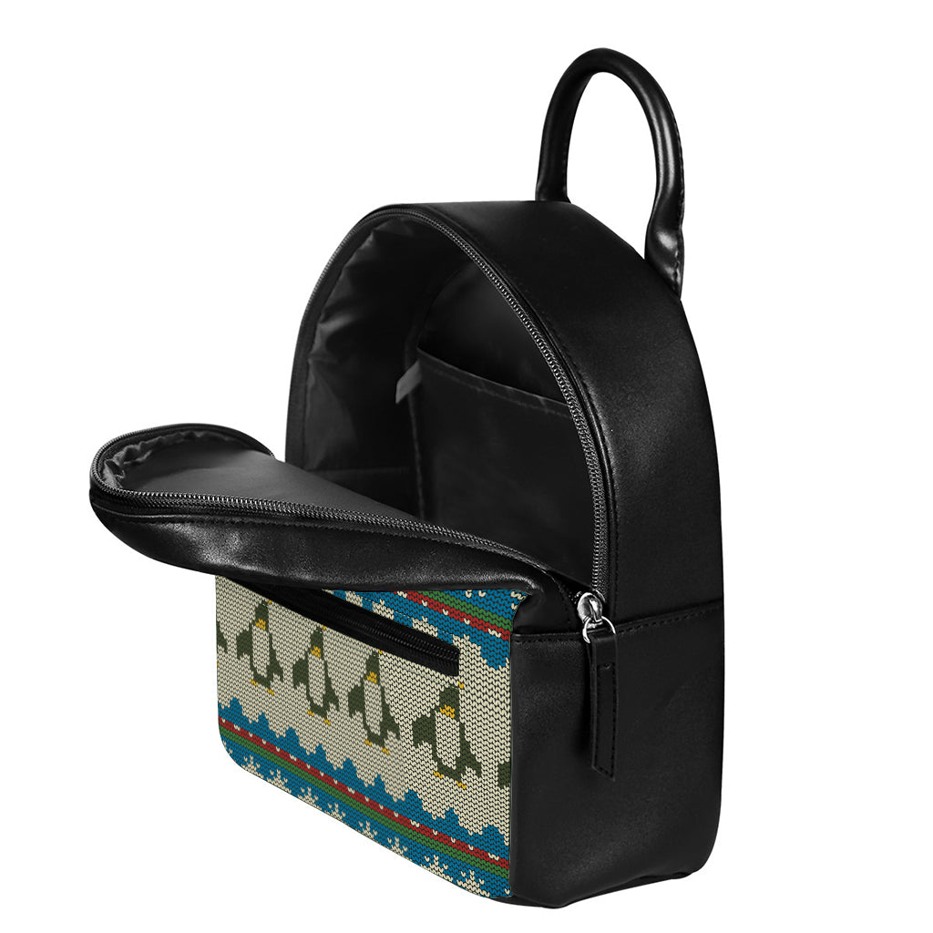 Xmas Penguin Pattern Print Leather Backpack