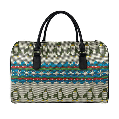 Xmas Penguin Pattern Print Leather Duffle Bag