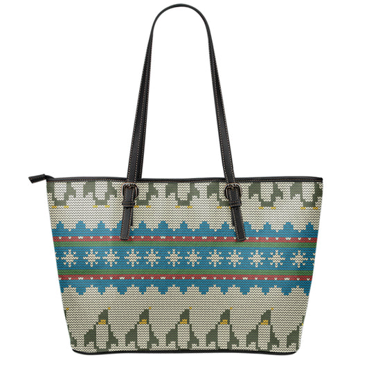 Xmas Penguin Pattern Print Leather Tote Bag