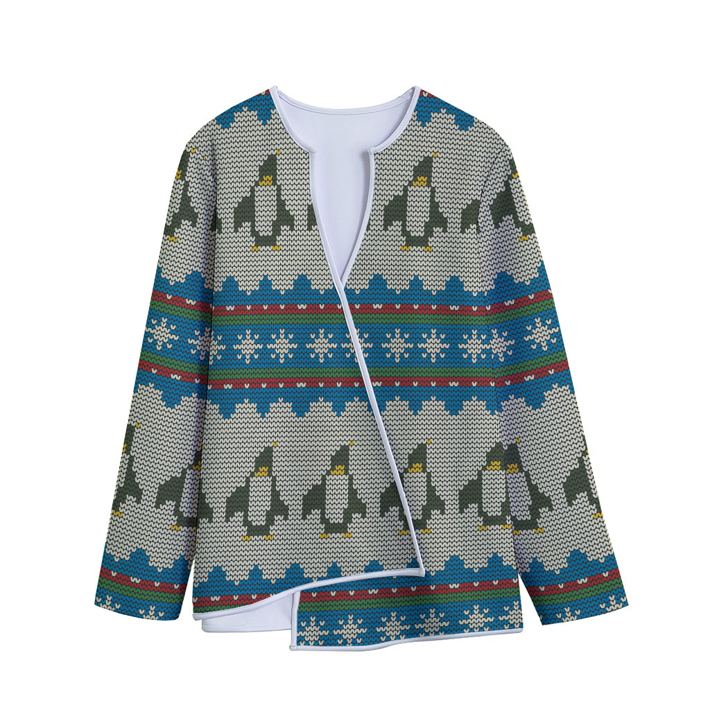 Xmas Penguin Pattern Print Long Sleeve Short Coat