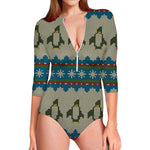 Xmas Penguin Pattern Print Long Sleeve Swimsuit