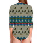 Xmas Penguin Pattern Print Long Sleeve Swimsuit