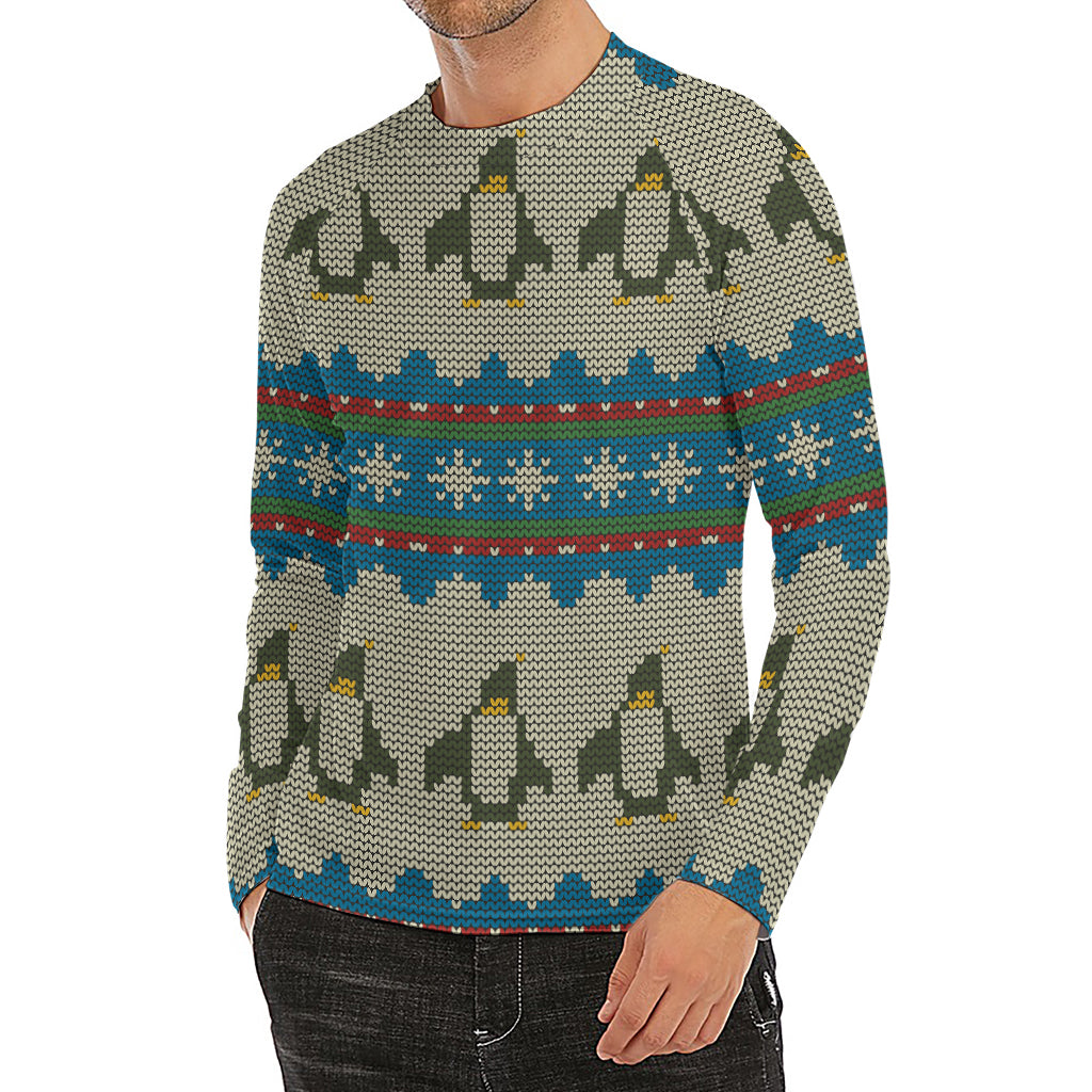 Xmas Penguin Pattern Print Men's Long Sleeve Rash Guard