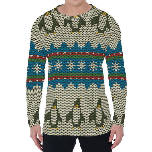 Xmas Penguin Pattern Print Men's Long Sleeve T-Shirt