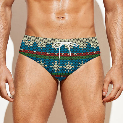 Xmas Penguin Pattern Print Men's Swim Briefs