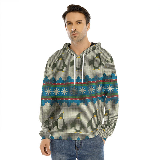 Xmas Penguin Pattern Print Men's Velvet Pullover Hoodie