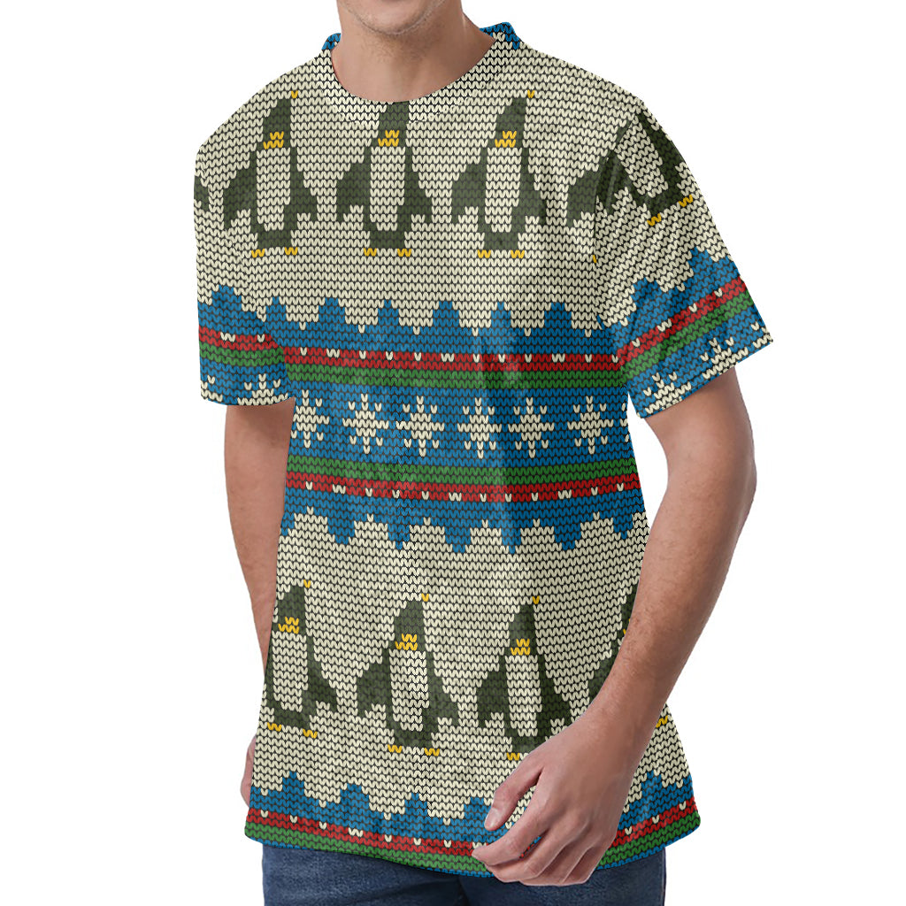 Xmas Penguin Pattern Print Men's Velvet T-Shirt