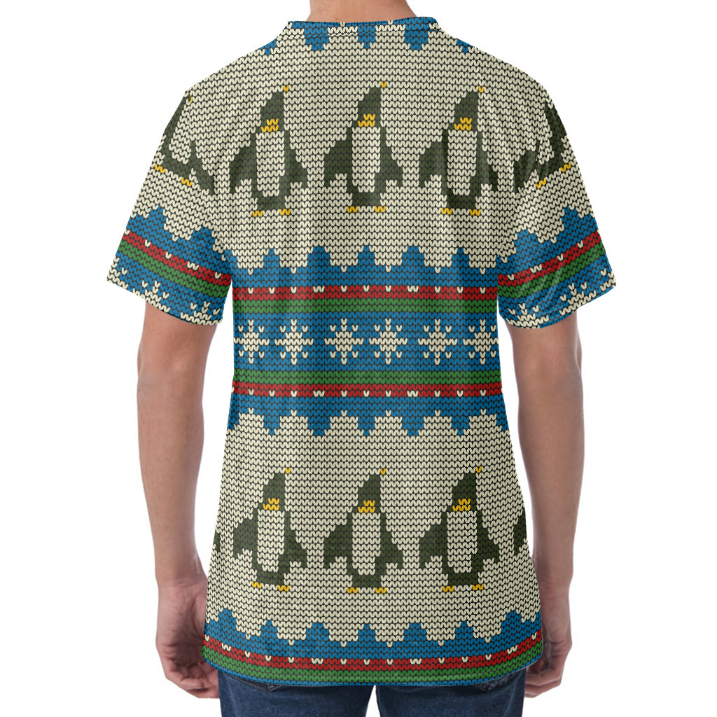 Xmas Penguin Pattern Print Men's Velvet T-Shirt