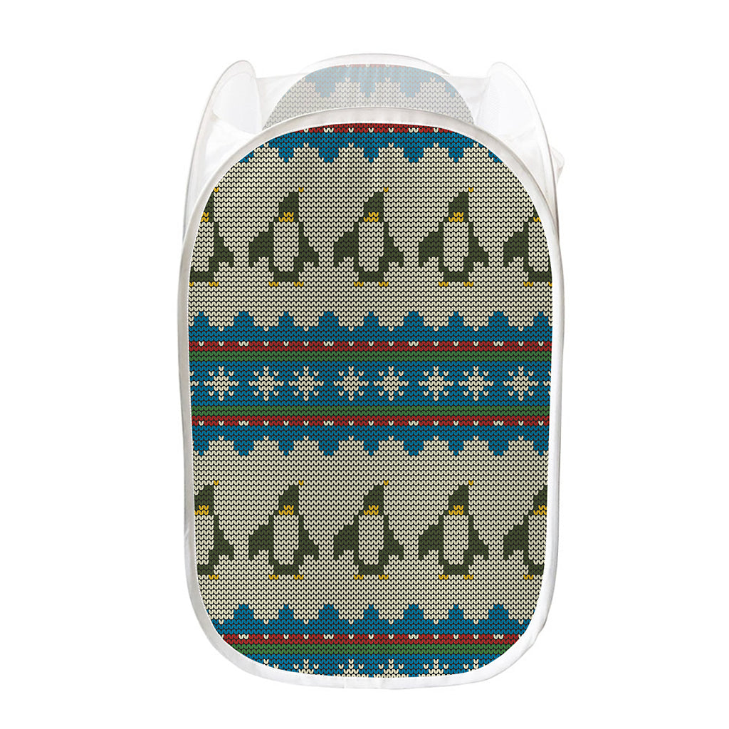 Xmas Penguin Pattern Print Mesh Laundry Hamper