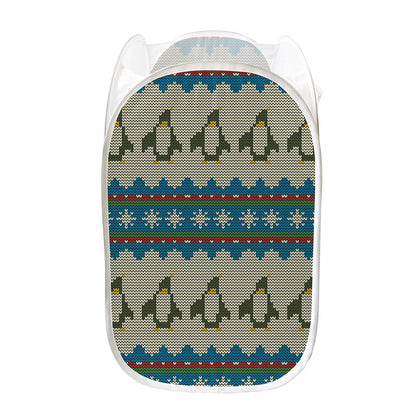 Xmas Penguin Pattern Print Mesh Laundry Hamper