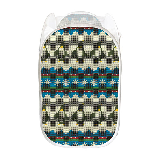 Xmas Penguin Pattern Print Mesh Laundry Hamper