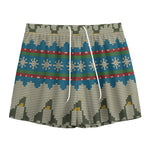 Xmas Penguin Pattern Print Mesh Shorts