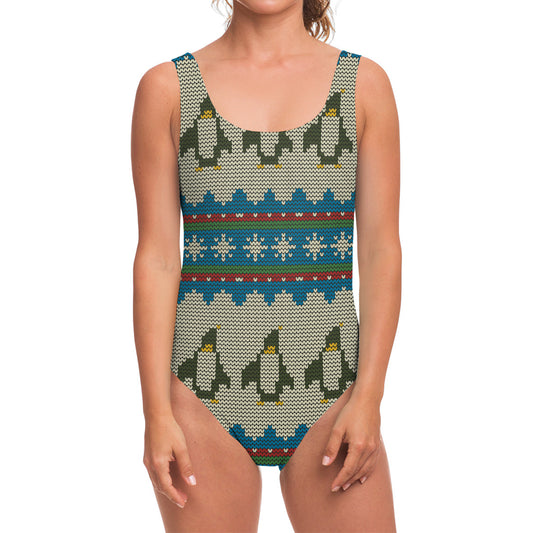 Xmas Penguin Pattern Print One Piece Swimsuit