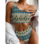 Xmas Penguin Pattern Print One Shoulder Bikini Top