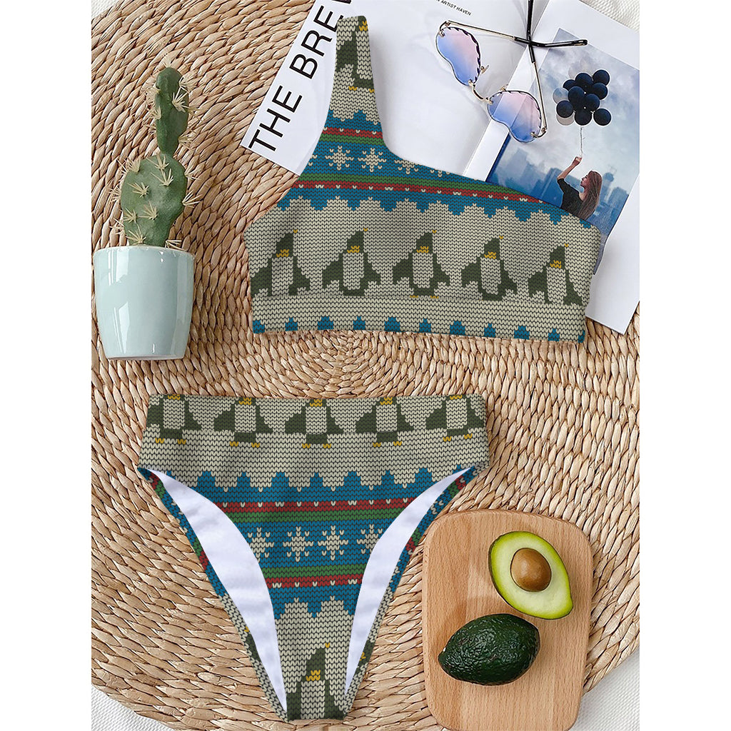 Xmas Penguin Pattern Print One Shoulder Bikini Top