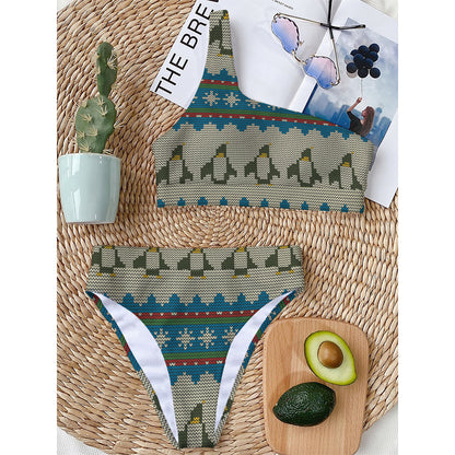 Xmas Penguin Pattern Print One Shoulder Bikini Top