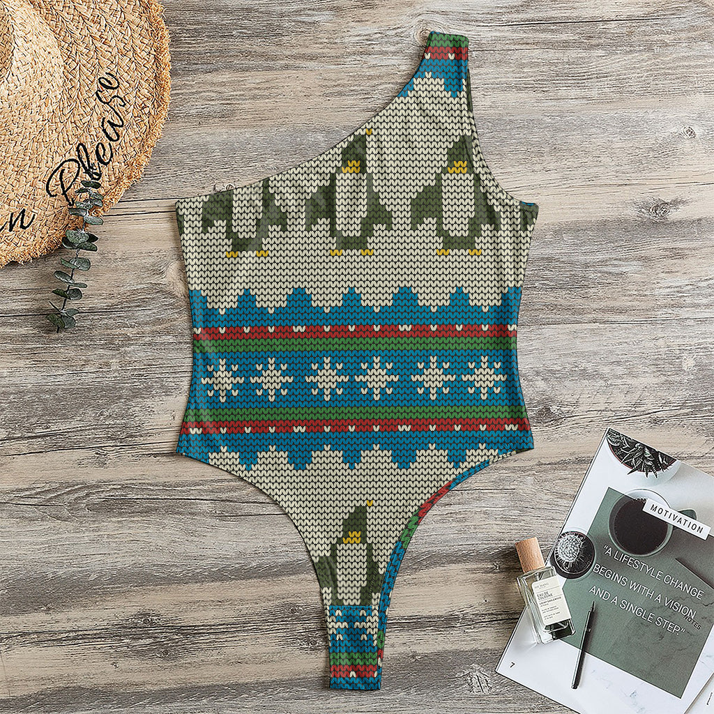 Xmas Penguin Pattern Print One Shoulder Bodysuit