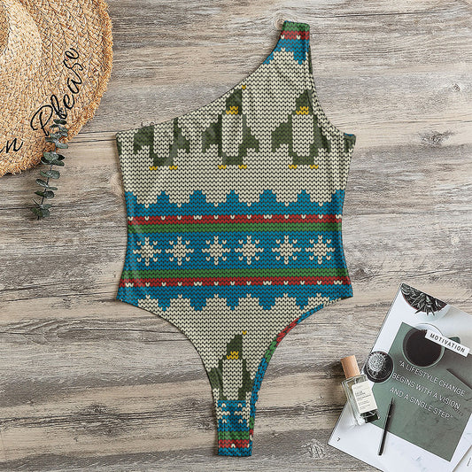 Xmas Penguin Pattern Print One Shoulder Bodysuit