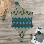 Xmas Penguin Pattern Print One Shoulder Bodysuit