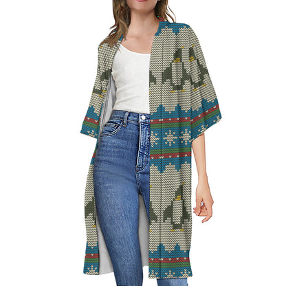 Xmas Penguin Pattern Print Open Front Beach Cover Up