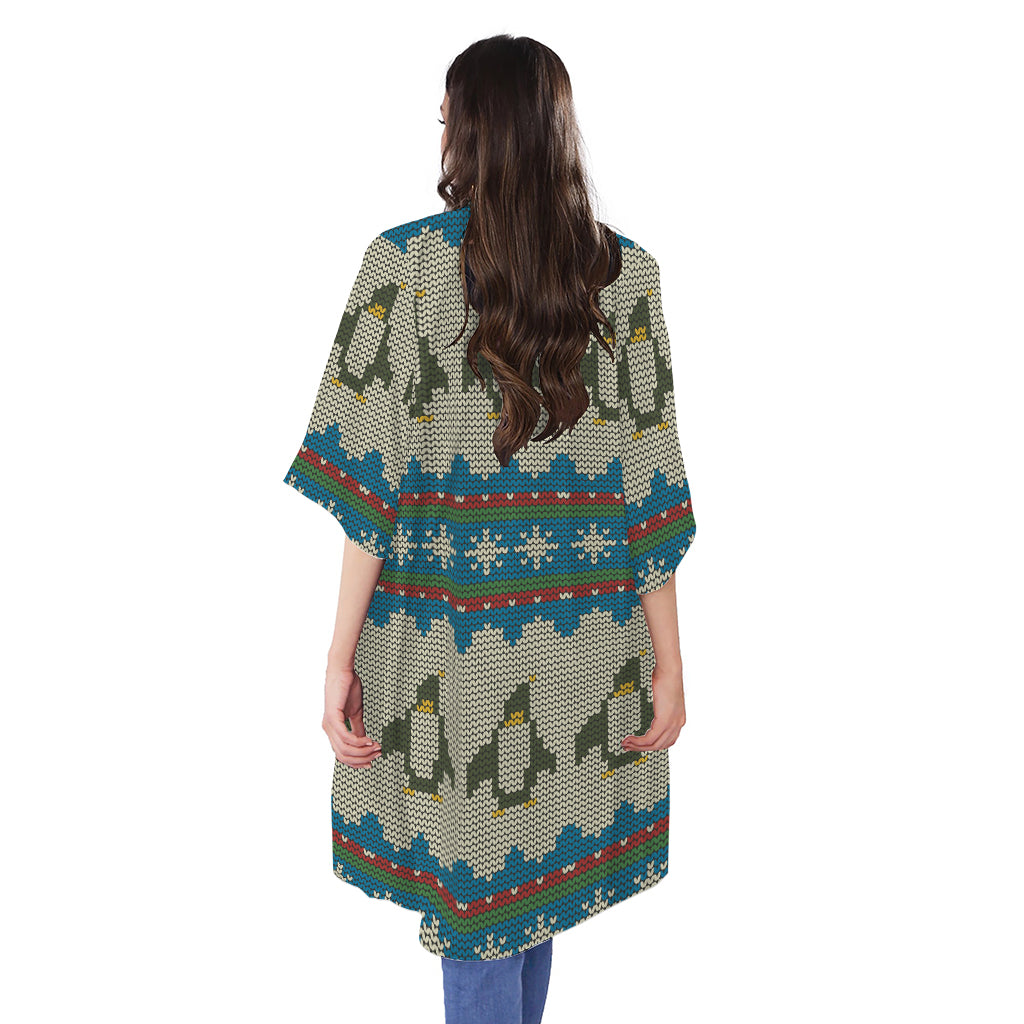Xmas Penguin Pattern Print Open Front Beach Cover Up
