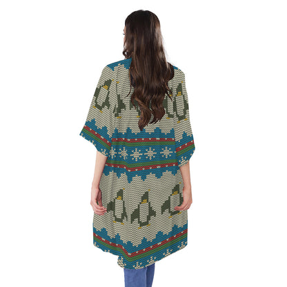 Xmas Penguin Pattern Print Open Front Beach Cover Up