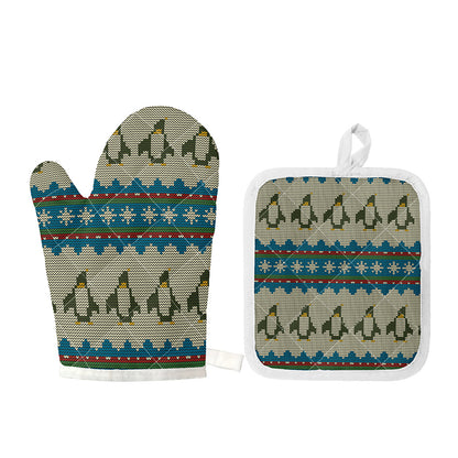 Xmas Penguin Pattern Print Oven Mitt And Pot Holder Set