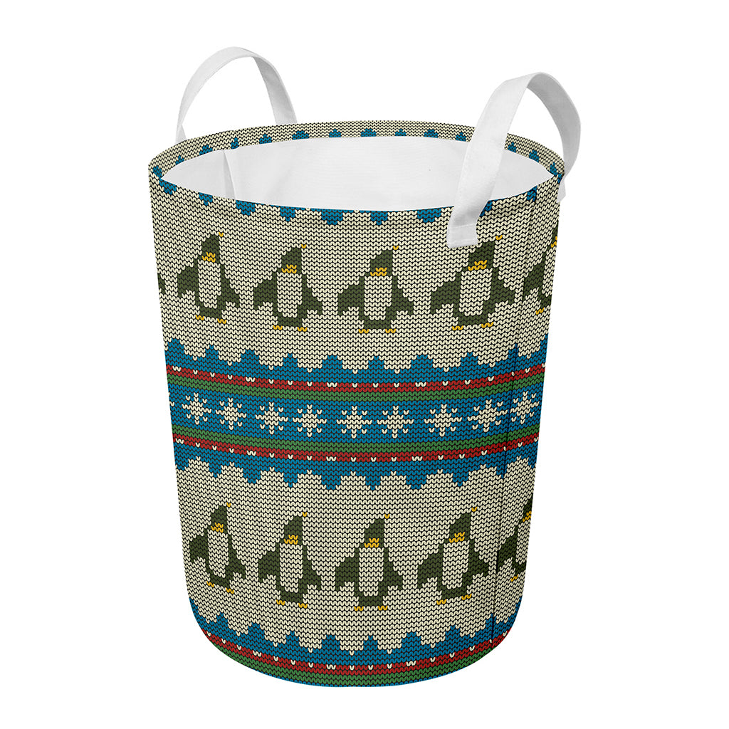 Xmas Penguin Pattern Print Round Laundry Basket