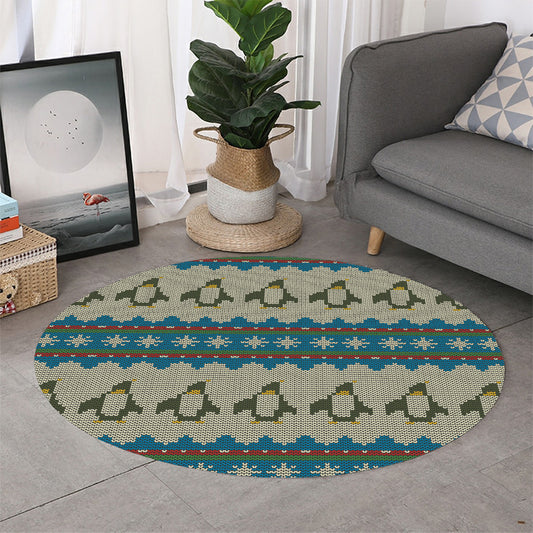 Xmas Penguin Pattern Print Round Rug
