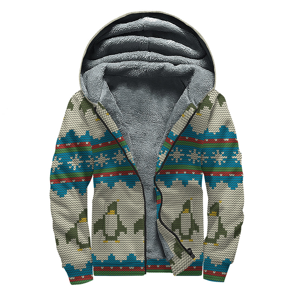 Xmas Penguin Pattern Print Sherpa Lined Zip Up Hoodie