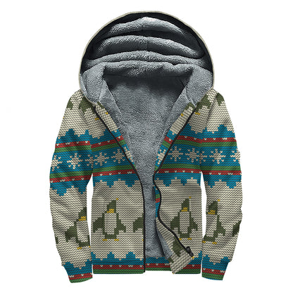 Xmas Penguin Pattern Print Sherpa Lined Zip Up Hoodie