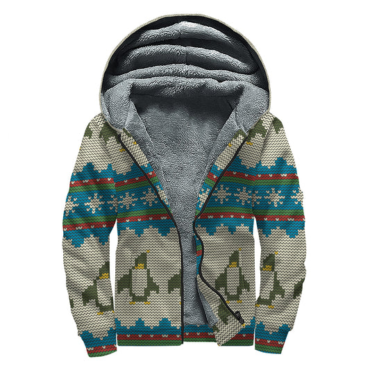 Xmas Penguin Pattern Print Sherpa Lined Zip Up Hoodie