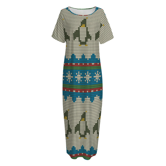 Xmas Penguin Pattern Print Short Sleeve Long Nightdress