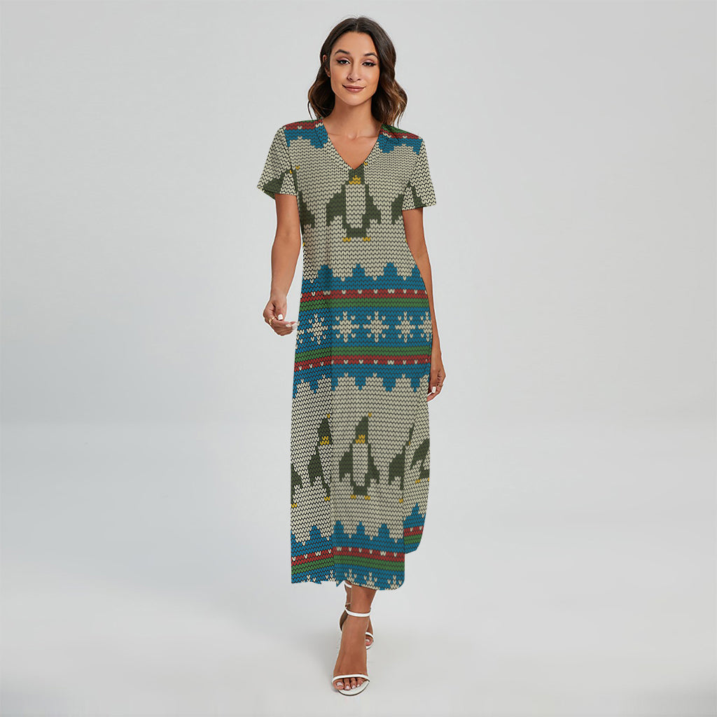 Xmas Penguin Pattern Print Short Sleeve Maxi Dress