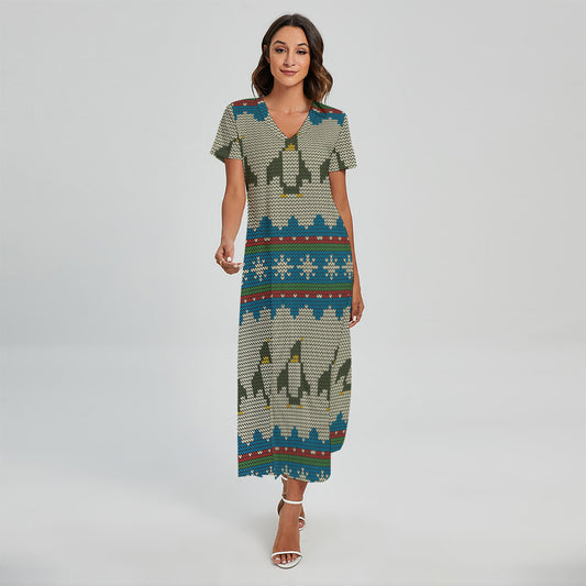 Xmas Penguin Pattern Print Short Sleeve Maxi Dress