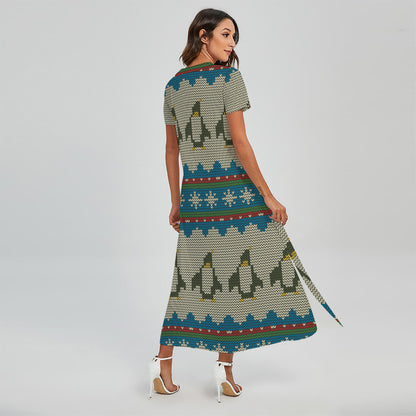 Xmas Penguin Pattern Print Short Sleeve Maxi Dress