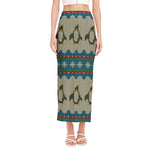 Xmas Penguin Pattern Print Side Slit Maxi Skirt