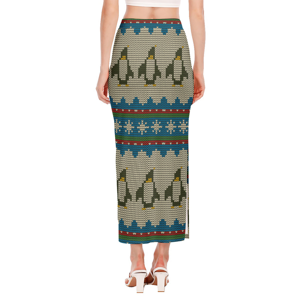 Xmas Penguin Pattern Print Side Slit Maxi Skirt